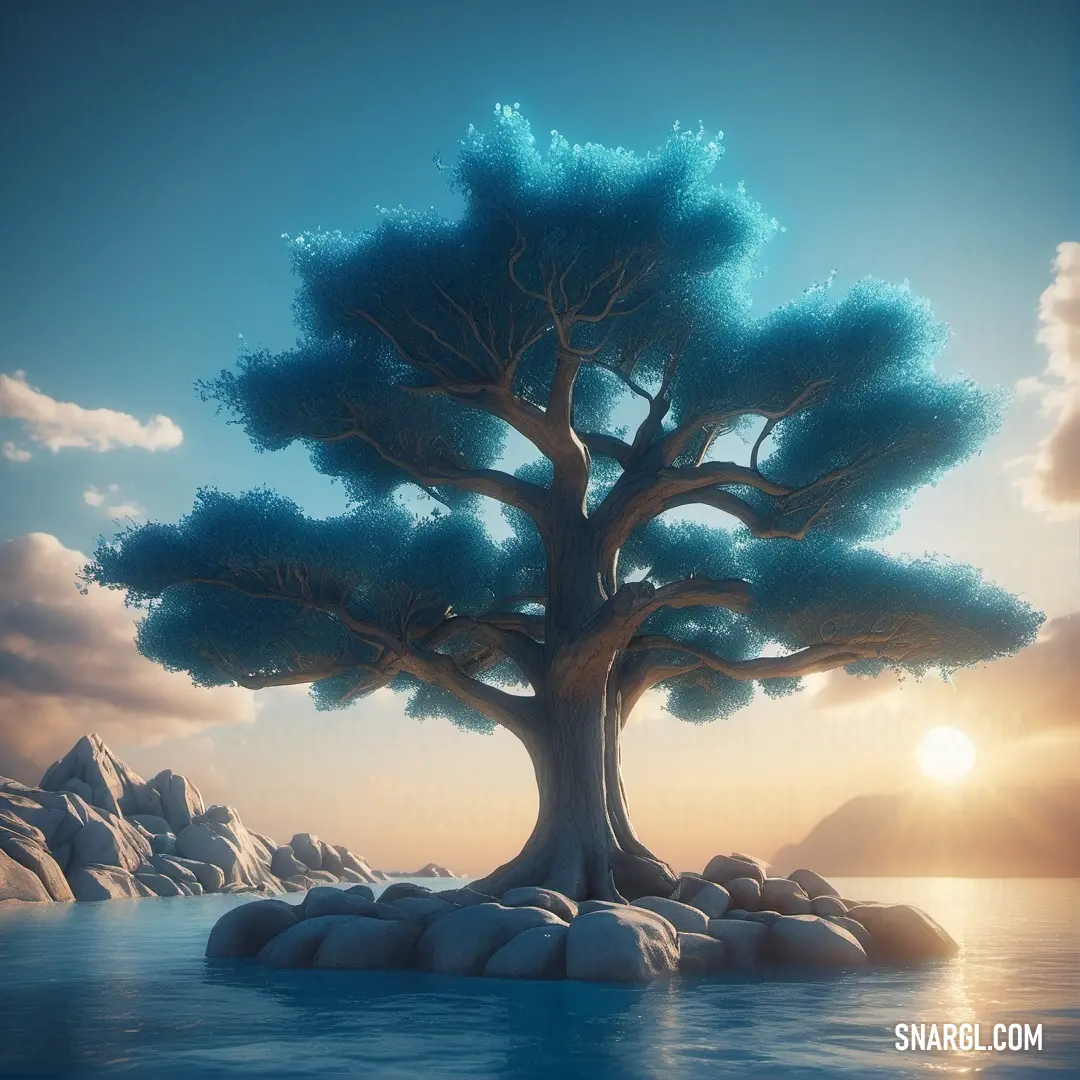 Tree is on a rock in the water with a sunset in the background and a blue sky. Color #FAFAD2.