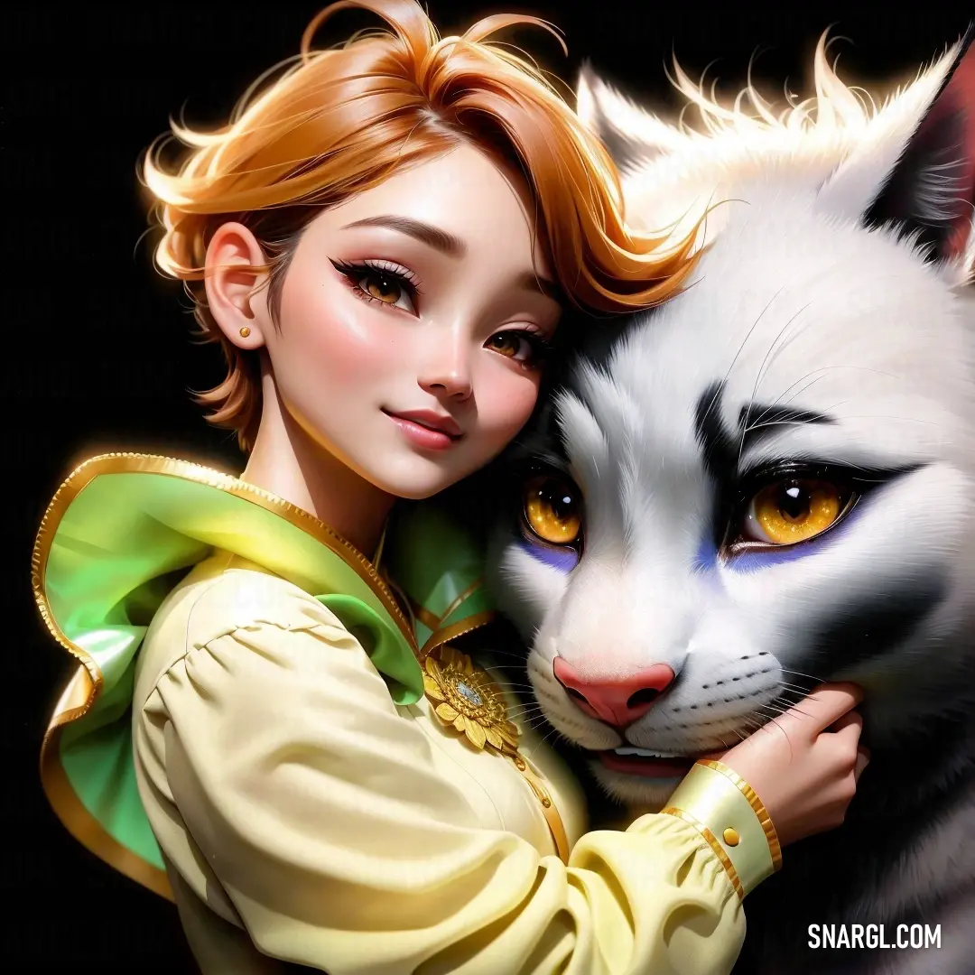 Woman hugging a white cat with yellow eyes and a green dress on her shoulders and a black background