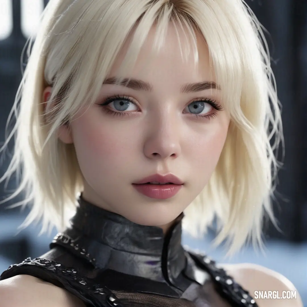 In an urban backdrop, a woman with blonde hair and vivid blue eyes captivates in a black leather outfit, her choker adorned with spikes adding a touch of edge. She stands confidently, ready to conquer the city night with charisma.