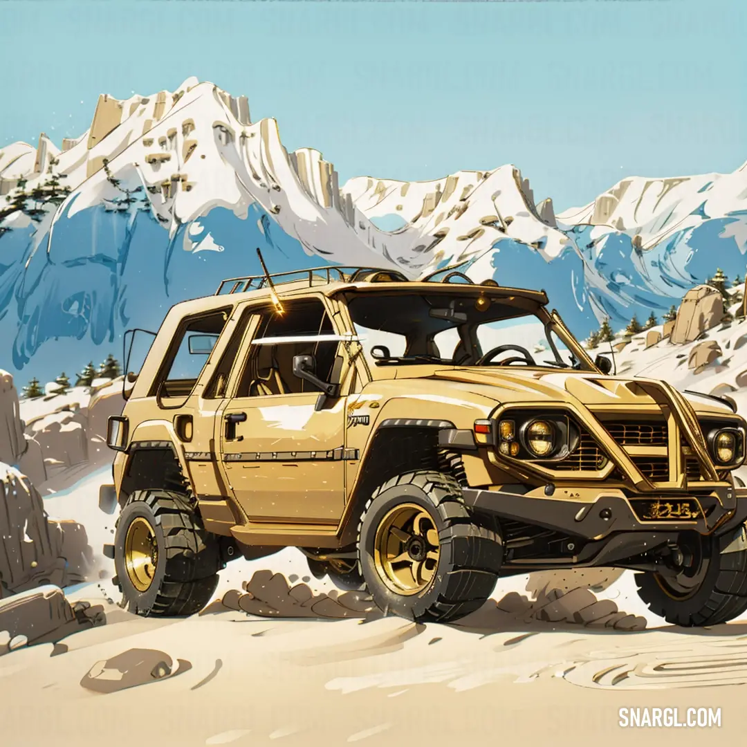 Yellow jeep driving through a snowy mountain range with mountains in the background and a blue sky above it