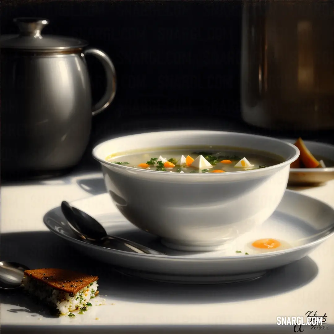 Bowl of soup on a plate with a spoon and a cup of tea on a table with a teapot