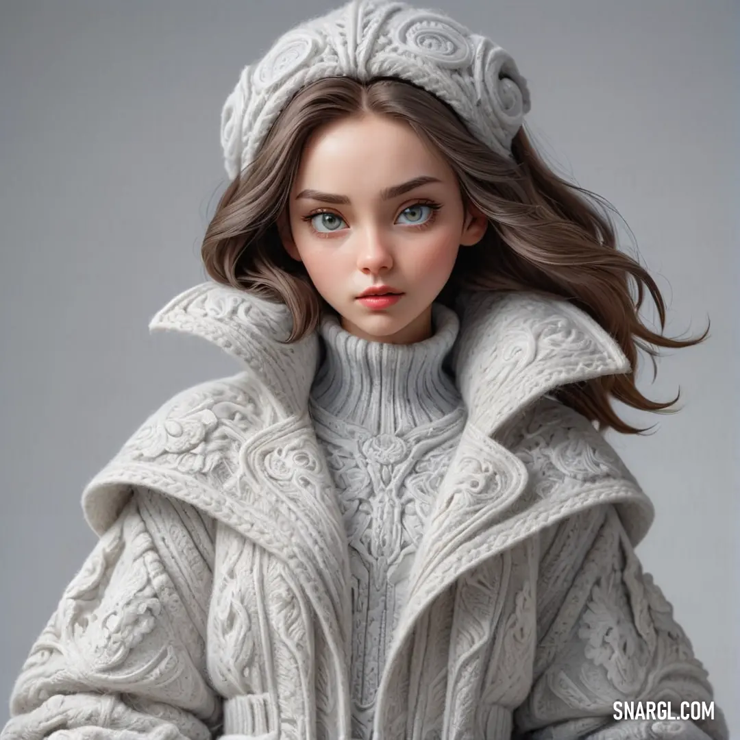 Doll wearing a white coat and a hat with a fur collar and a scarf around her head and a sweater on her head. Example of #D3D3D3 color.