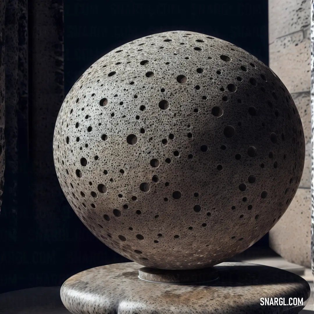 Large stone ball on top of a rock next to a window sill in a building with a black background