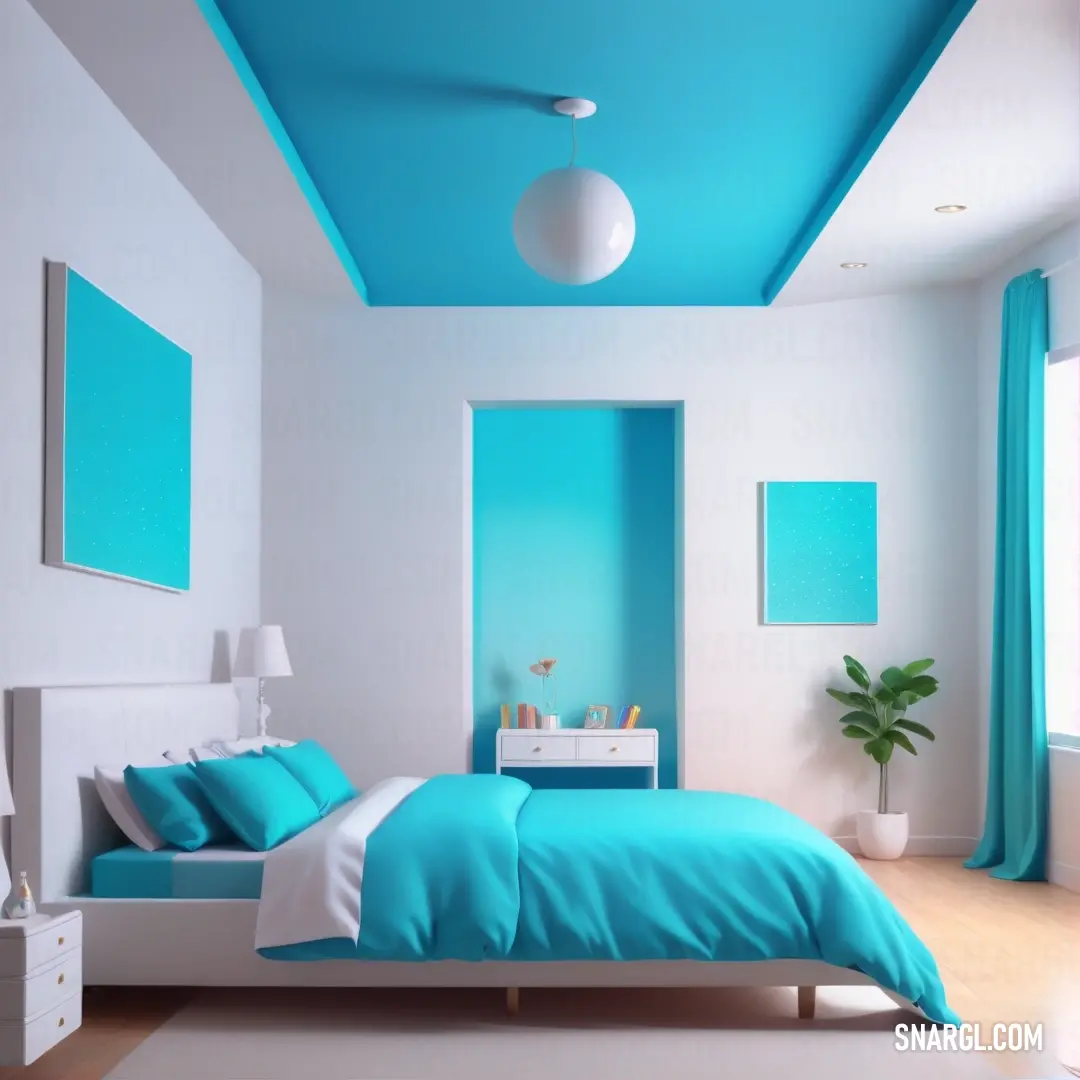 Bedroom with a blue ceiling and white walls and a bed with blue sheets and pillows and a white dresser with a white drawer and a plant