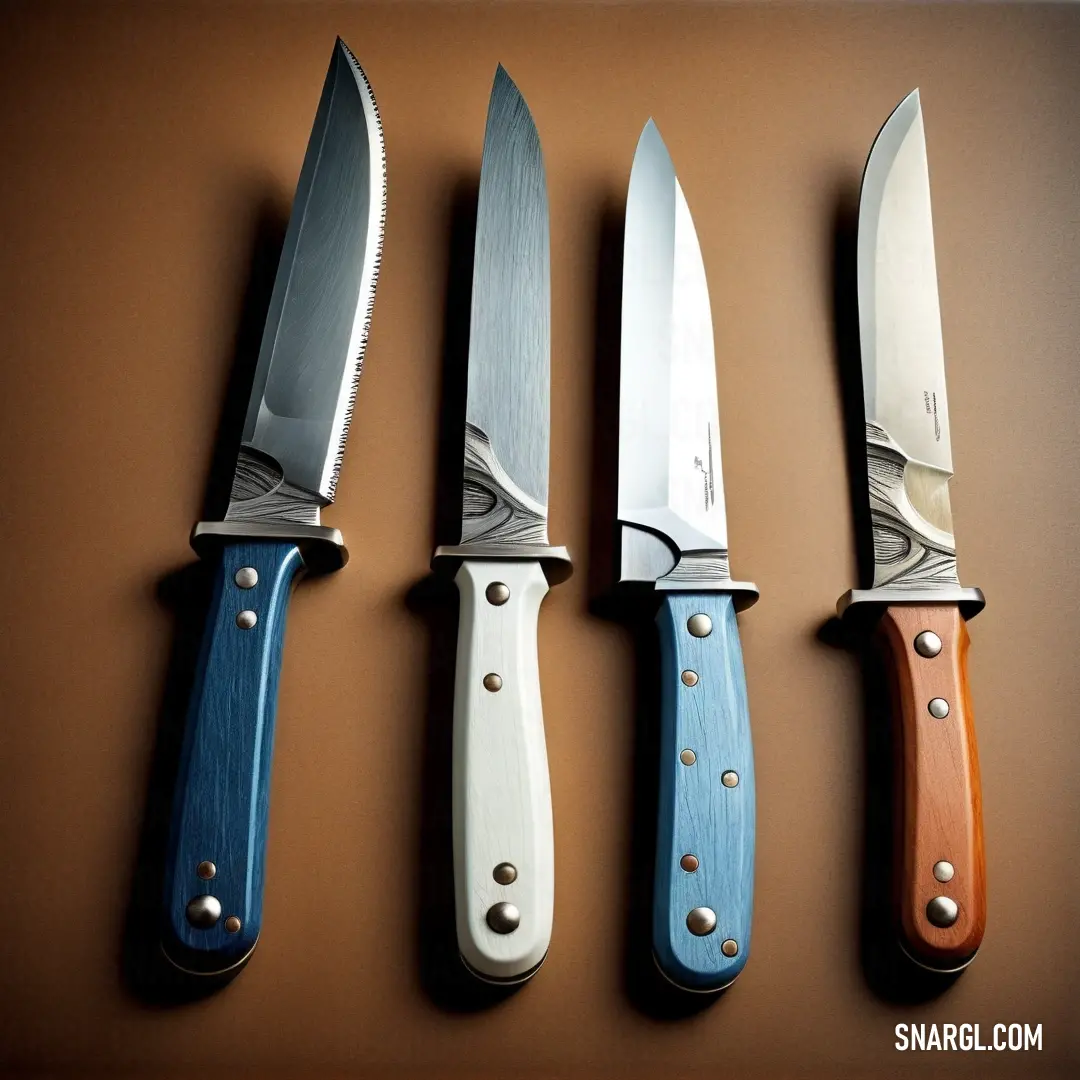 Group of knives next to each other on a table with a knife holder on top of them. Color Light gray.