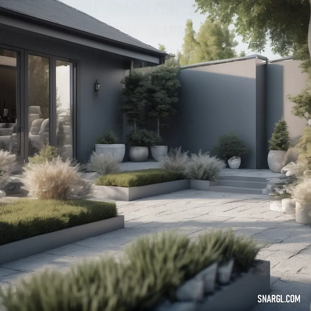 Light gray color. Modern garden with a stone patio and landscaping area with potted plants and a patio
