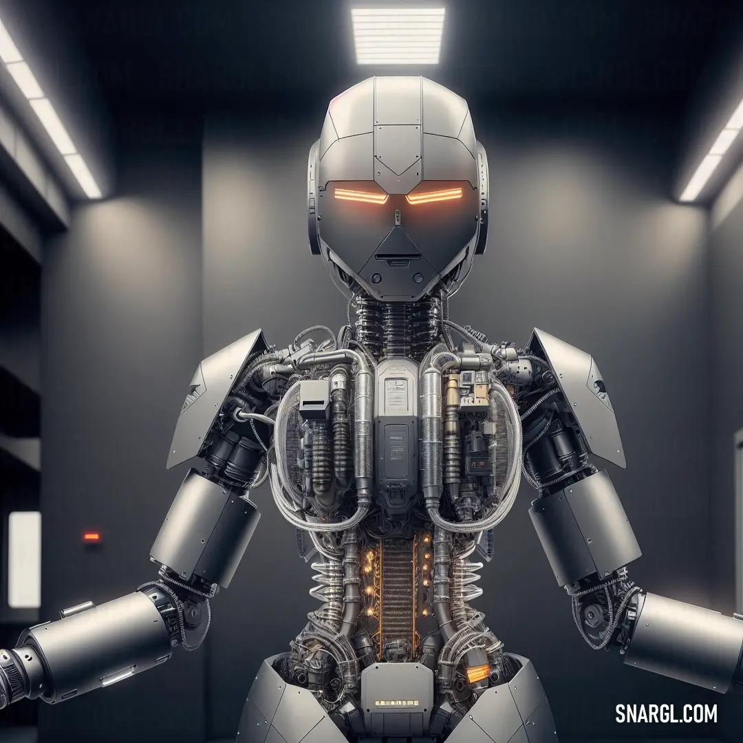 Light gray color example: Robot standing in a room with a light on it's face and arms