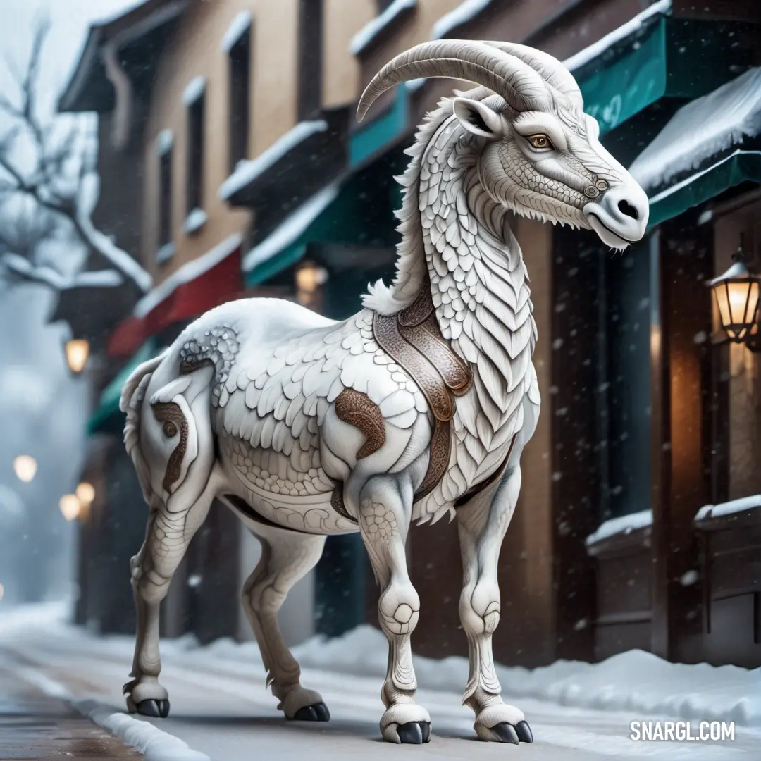 Statue of a ram stands on a snowy street in front of a storefront with a lamp post. Color CMYK 0,0,0,17.