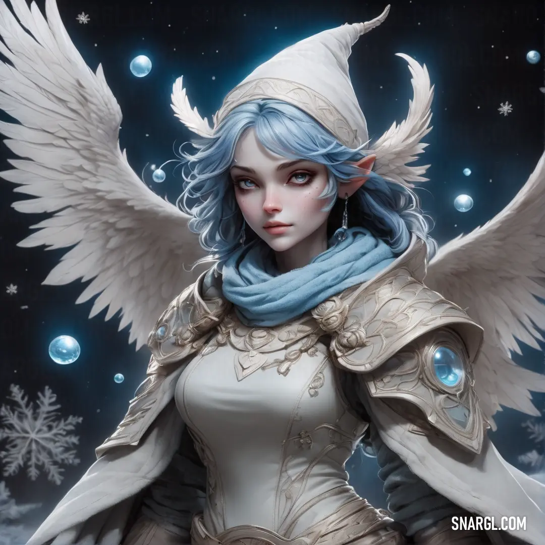 Woman with blue hair and white wings in a snowy scene with snowflakes and bubbles in the background. Color #D3D3D3.