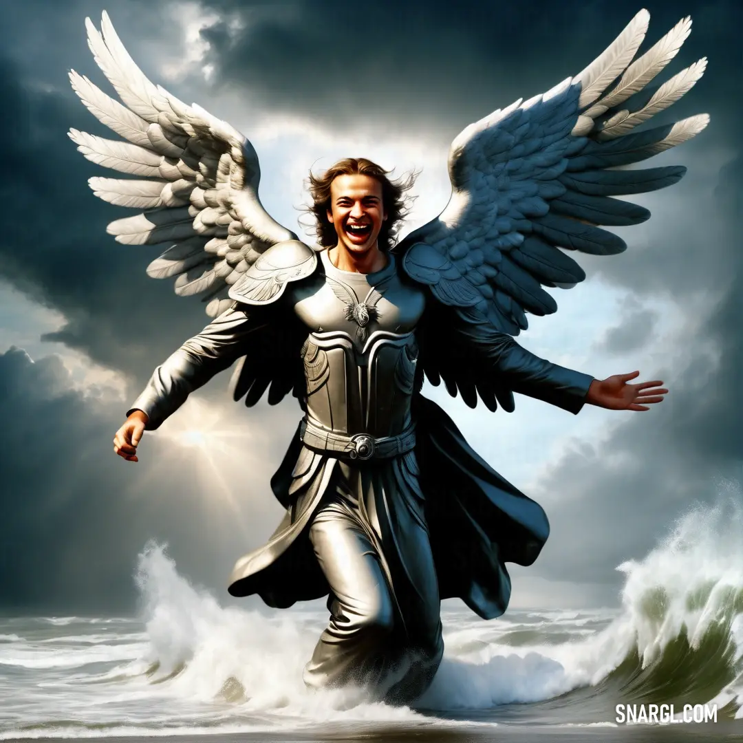 Light gray color example: Man with wings is standing in the water with his arms outstretched