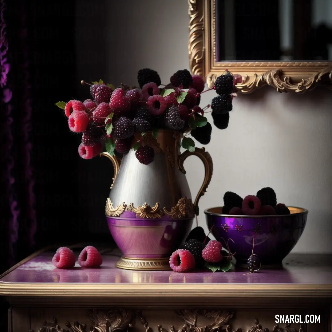 Vase of berries and a bowl of raspberries on a table with a mirror in the background
