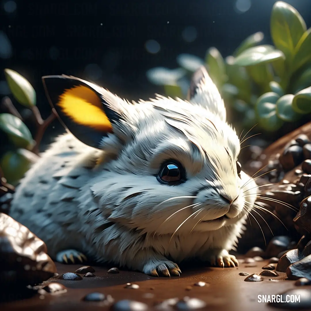 White rabbit with yellow ears on a rock with leaves and rocks around it. Color CMYK 0,0,0,17.