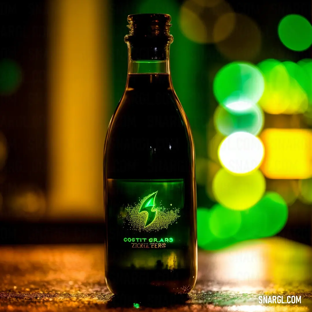 Bottle of beer on a table in front of a blurry background of lights and boke