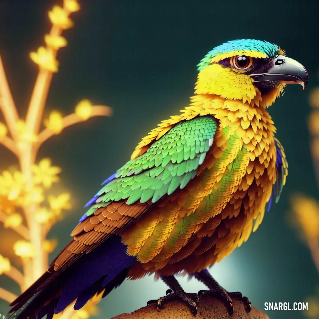 Colorful bird on top of a tree branch next to a plant with yellow flowers in the background