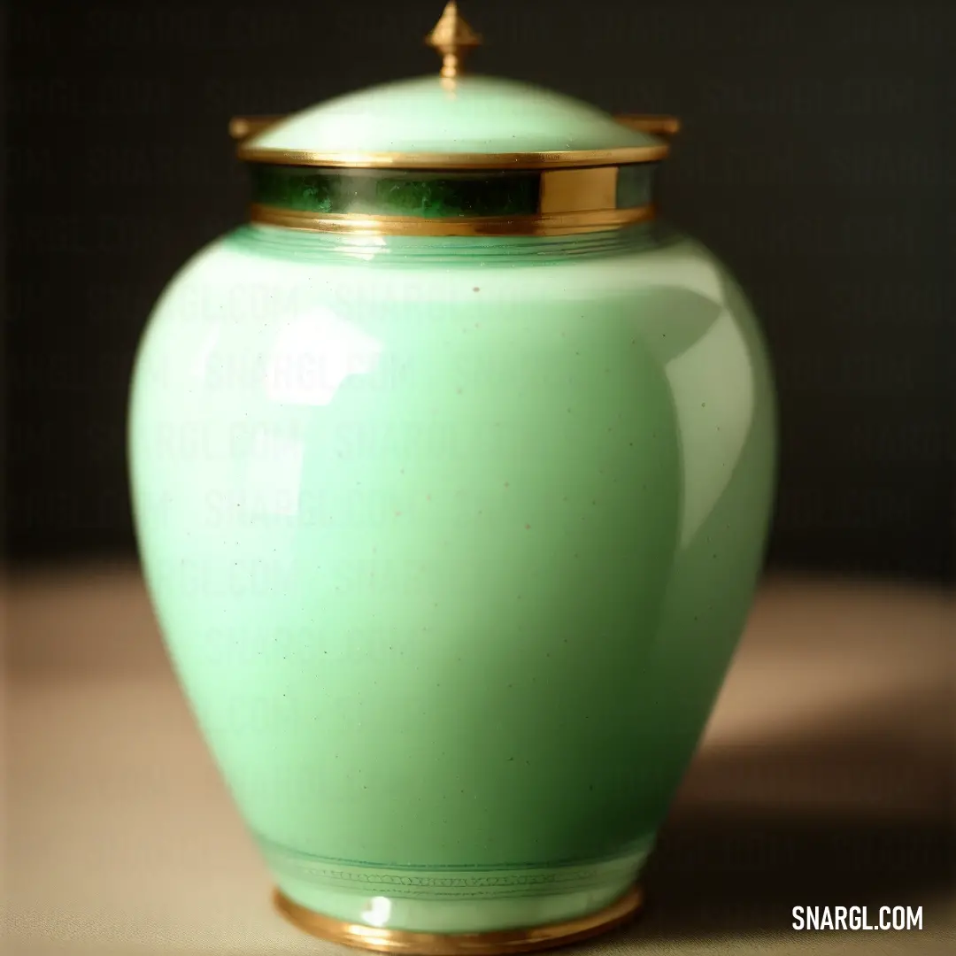 Green vase with a gold lid on a table with a black background and a gold trim around the top. Example of Light green color.