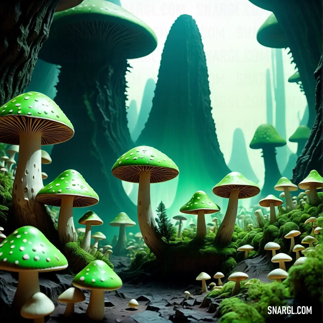 Light green color. Group of mushrooms in a forest with mossy trees and rocks in the background