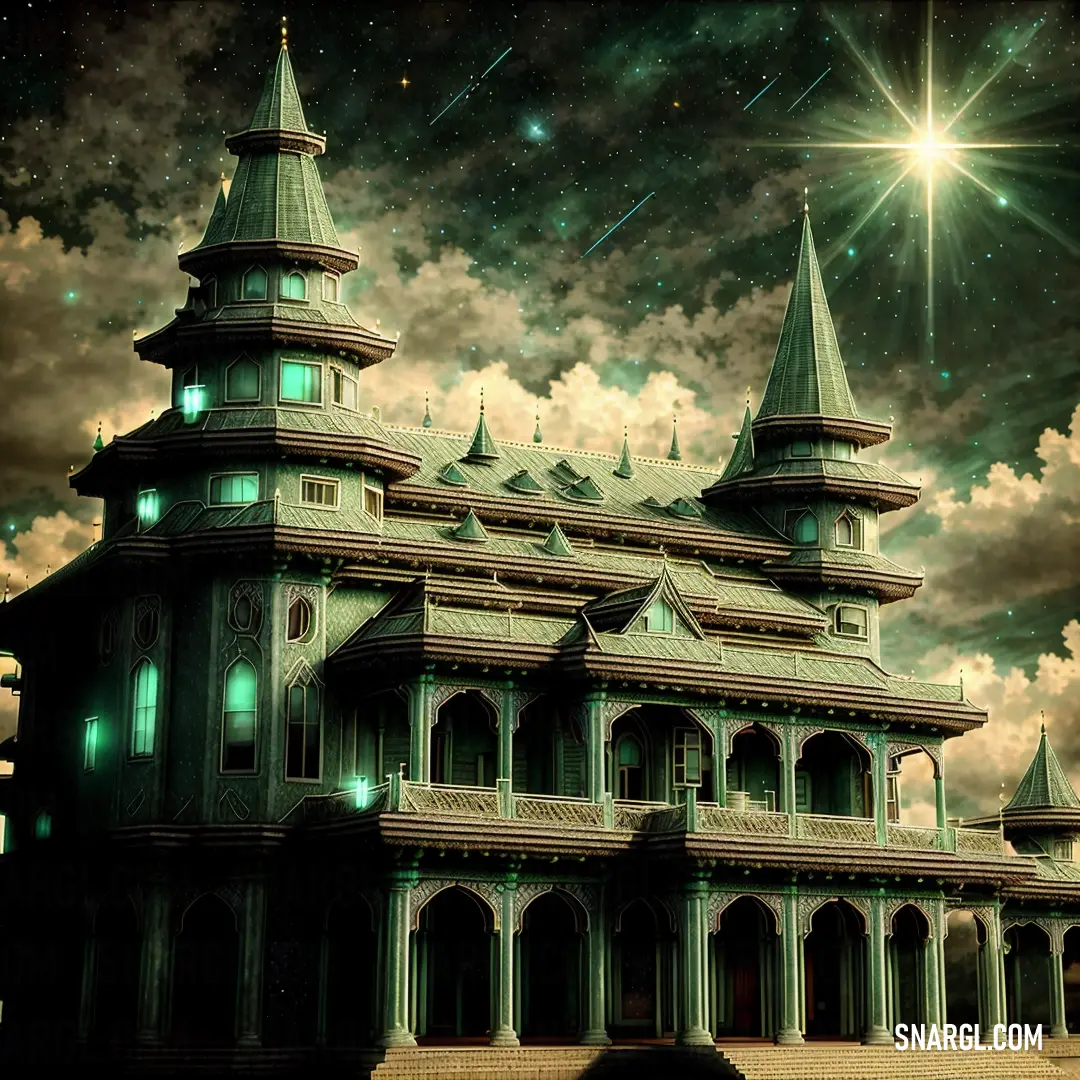 Large building with a star above it and a sky background with clouds and stars above it and a green light. Example of #90EE90 color.