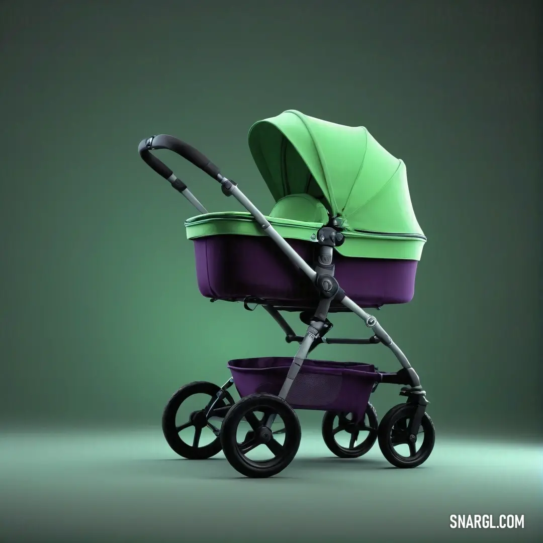Baby stroller with a green and purple cover on it's side. Example of CMYK 39,0,39,7 color.