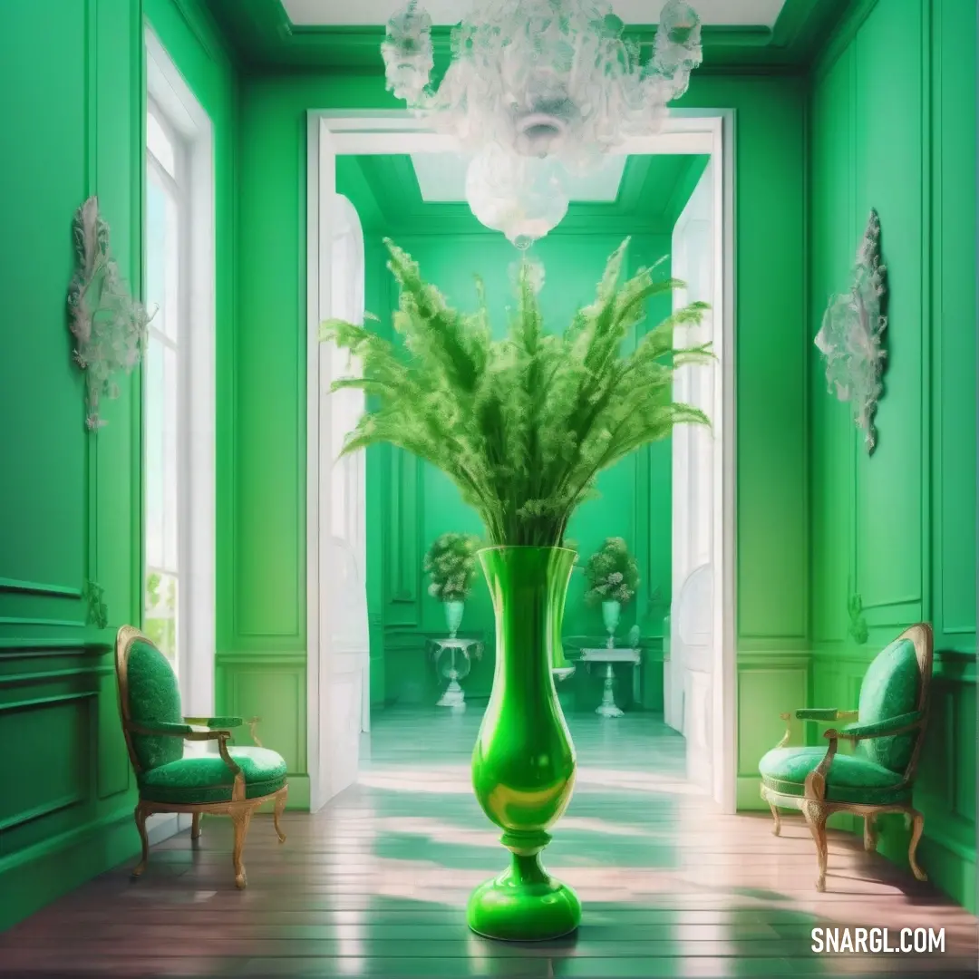 Light green color. Green vase with a plant in it in a room with green walls and chairs and a chandelier