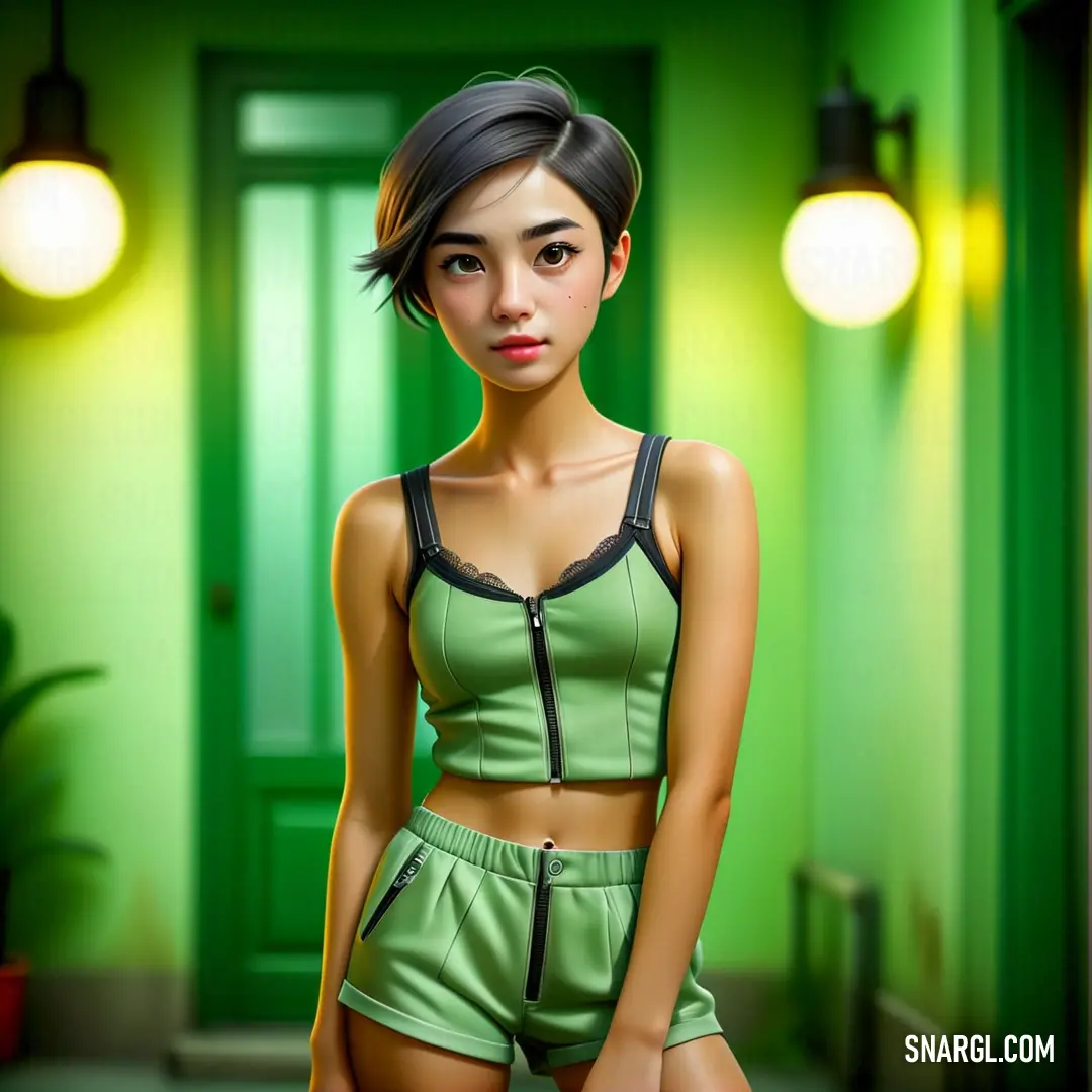 Woman in a green top and shorts standing in a hallway with a green door and green walls behind her. Color RGB 144,238,144.