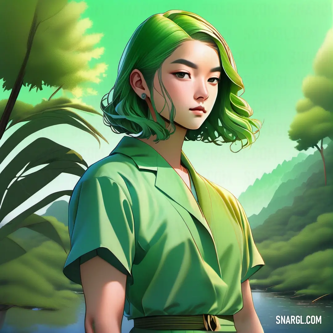 Woman with green hair standing in front of a river and trees in a green shirt and green belt. Color RGB 144,238,144.