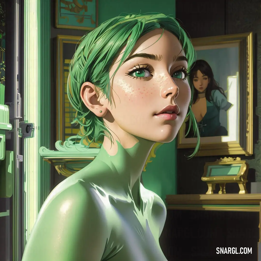 Woman with green hair and a green dress in a room with a mirror and a mirror on the wall. Color Light green.
