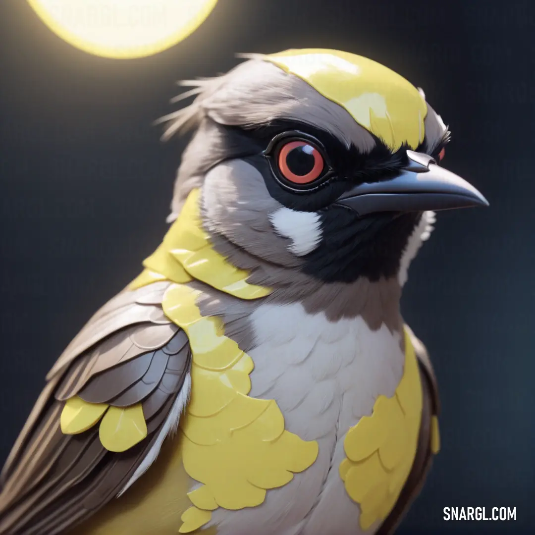 Bird with a yellow and gray patch on its head and a yellow patch on its head and a black background. Example of RGB 240,230,140 color.