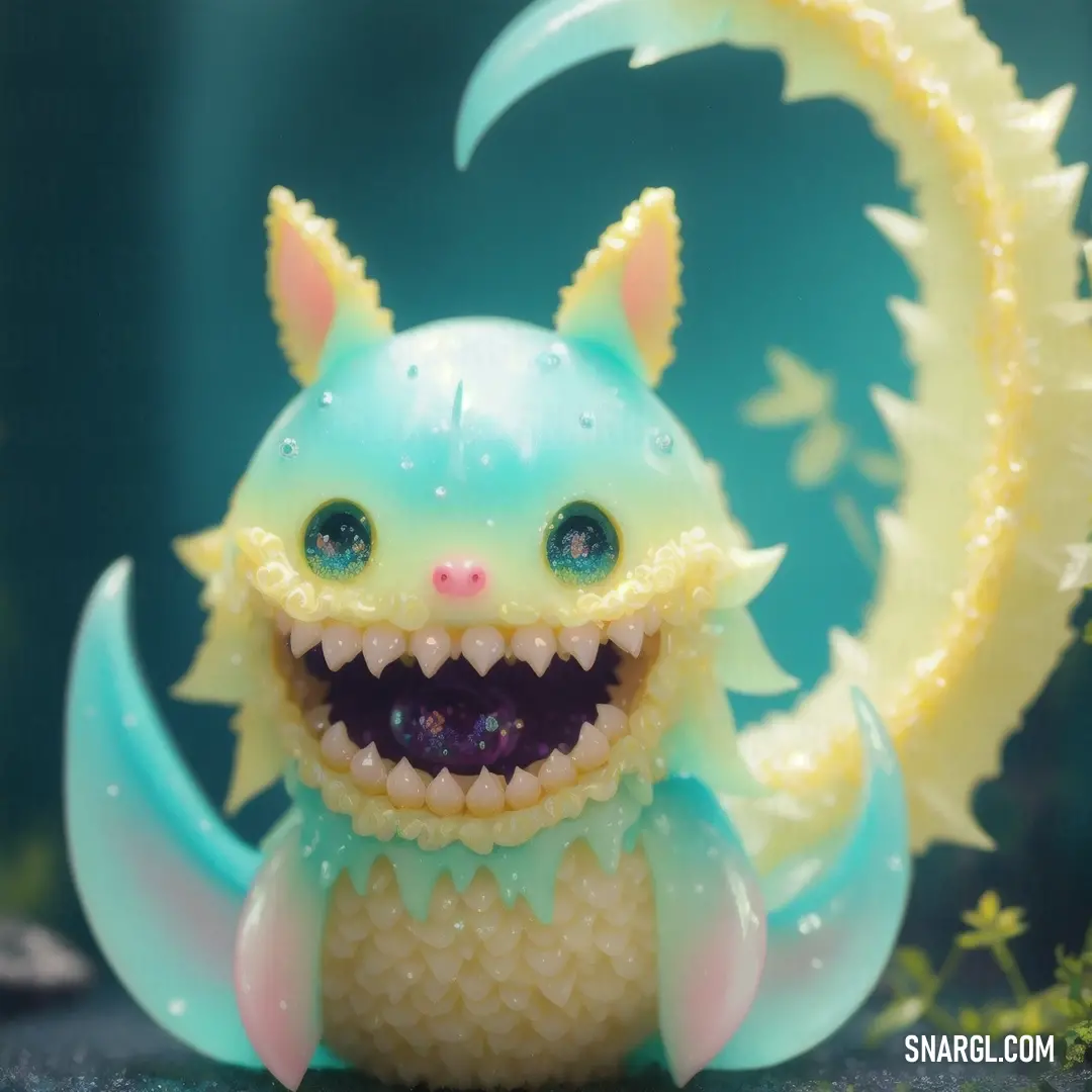 Toy with a big smile on it's face and teeth in front of a moon and plant