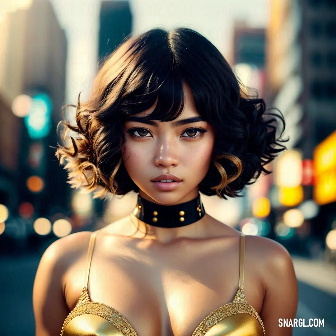 Woman with a gold bra and a choker on her neck is posing for a picture in a city