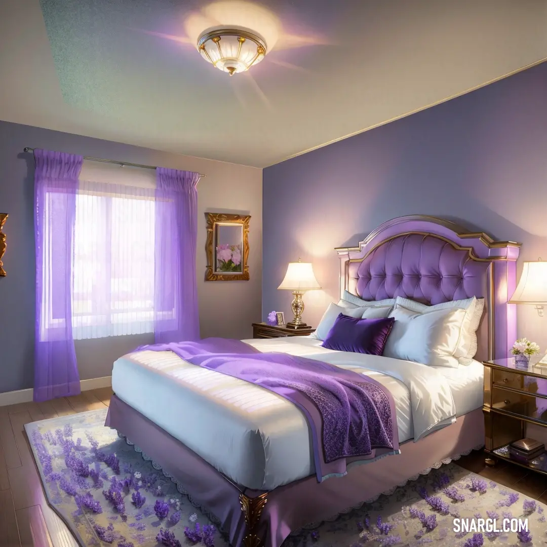 Bedroom with a purple and white bed and a purple rug on the floor and a purple chair