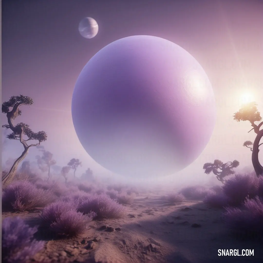 Light pastel purple color example: Large purple ball in the middle of a desert area with trees and bushes around it
