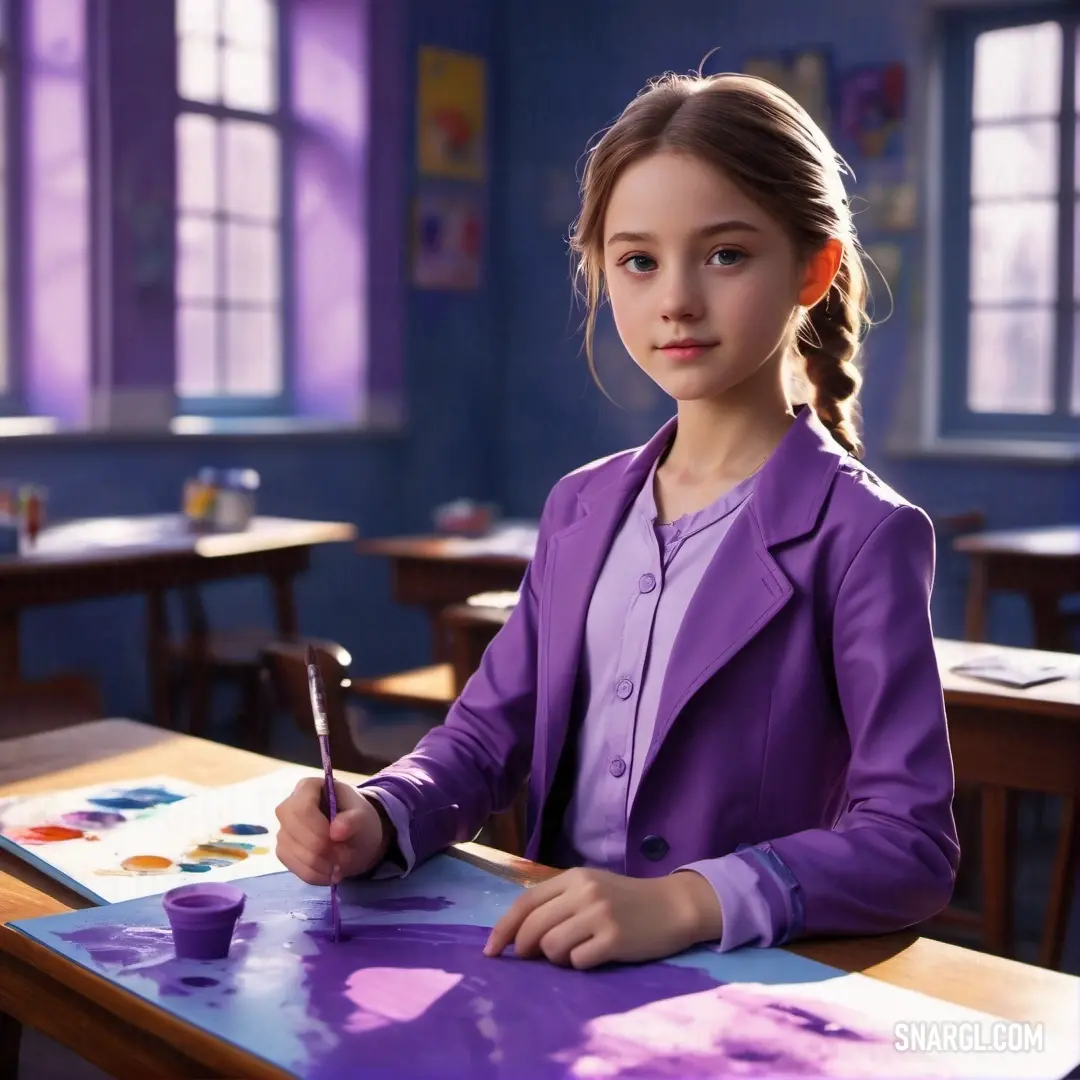 Girl in a purple jacket is at a table with a purple cup and a purple marker in her hand. Color CMYK 18,28,0,15.