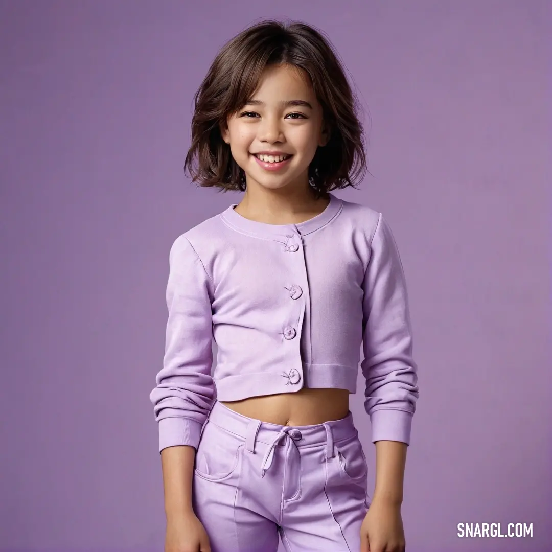 Little girl in a purple outfit posing for a picture. Example of RGB 177,156,217 color.