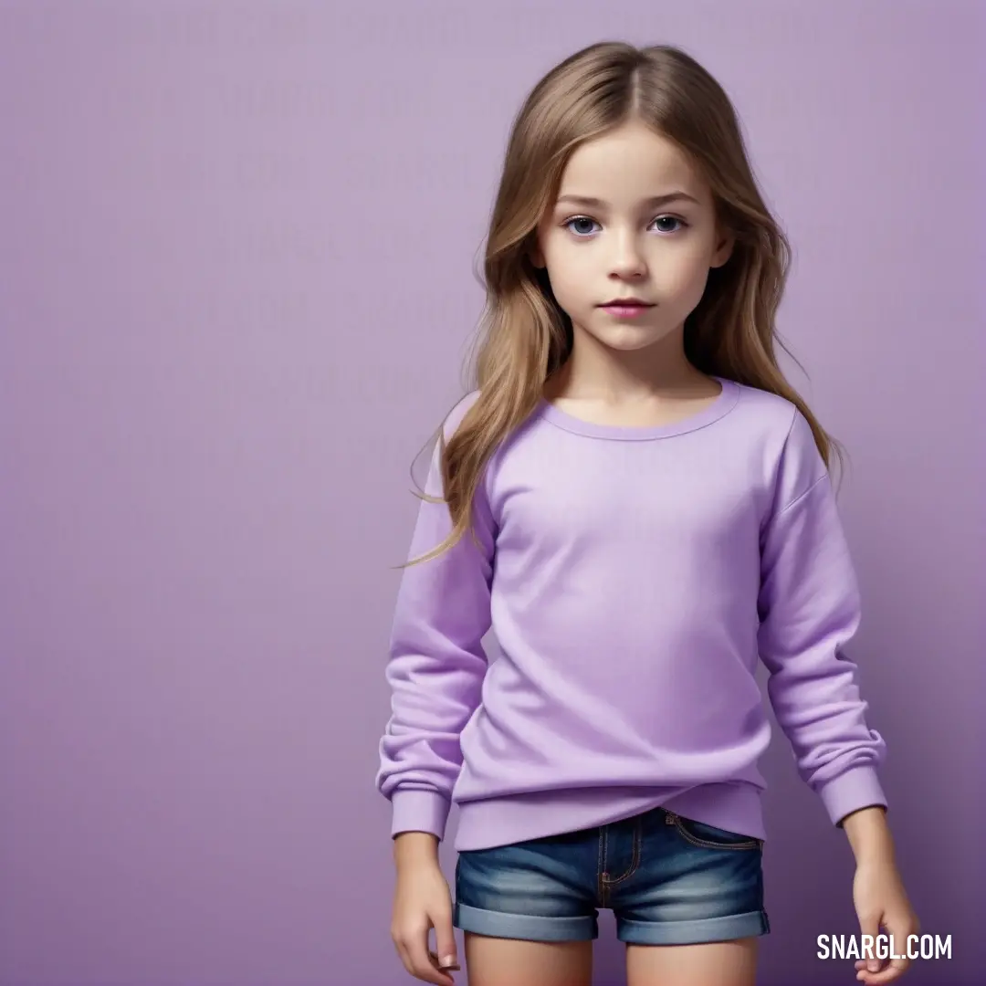 Little girl in a purple shirt and denim shorts standing in front of a purple wall with her hands in her pockets