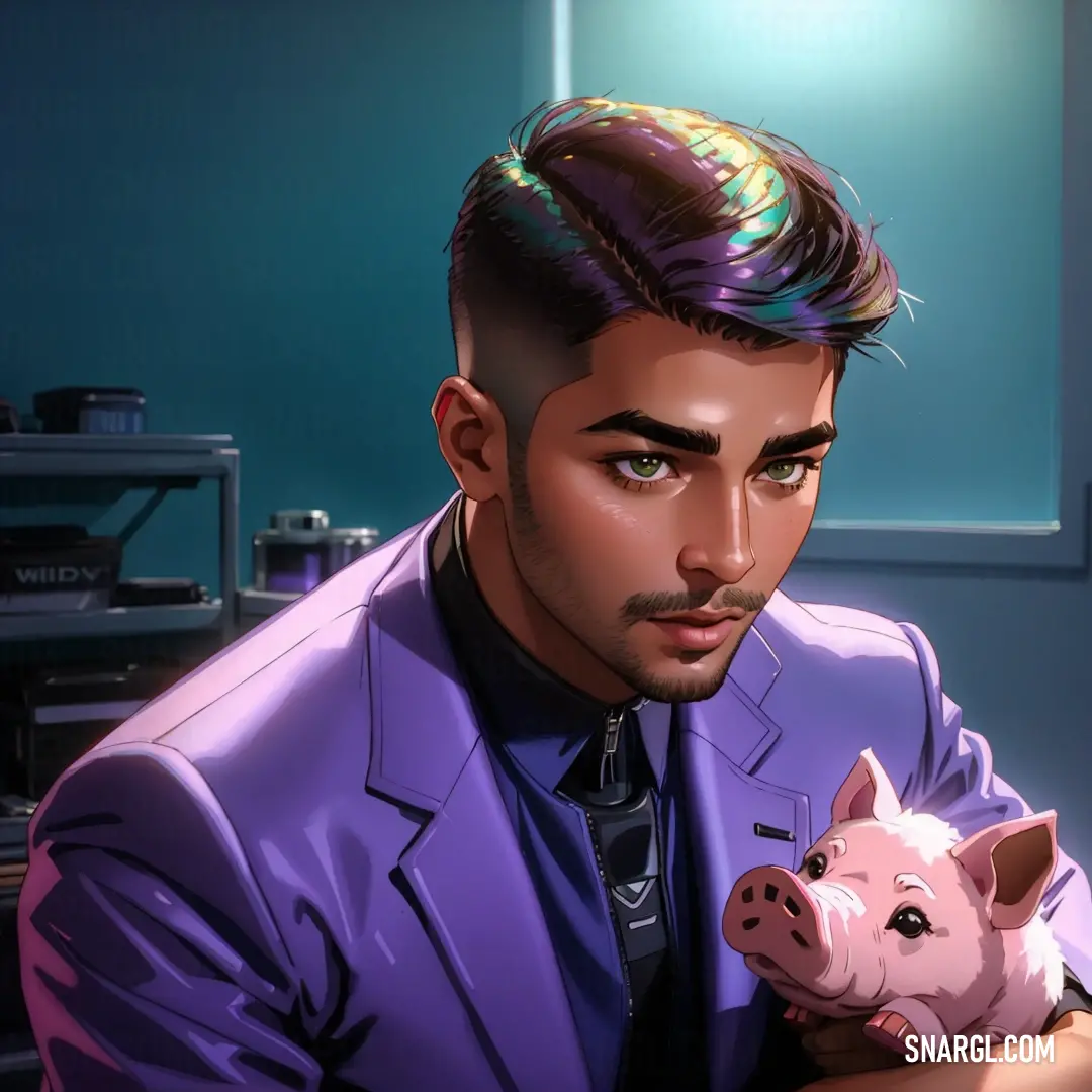 Man in a purple suit holding a pig in his lapel and looking at the camera