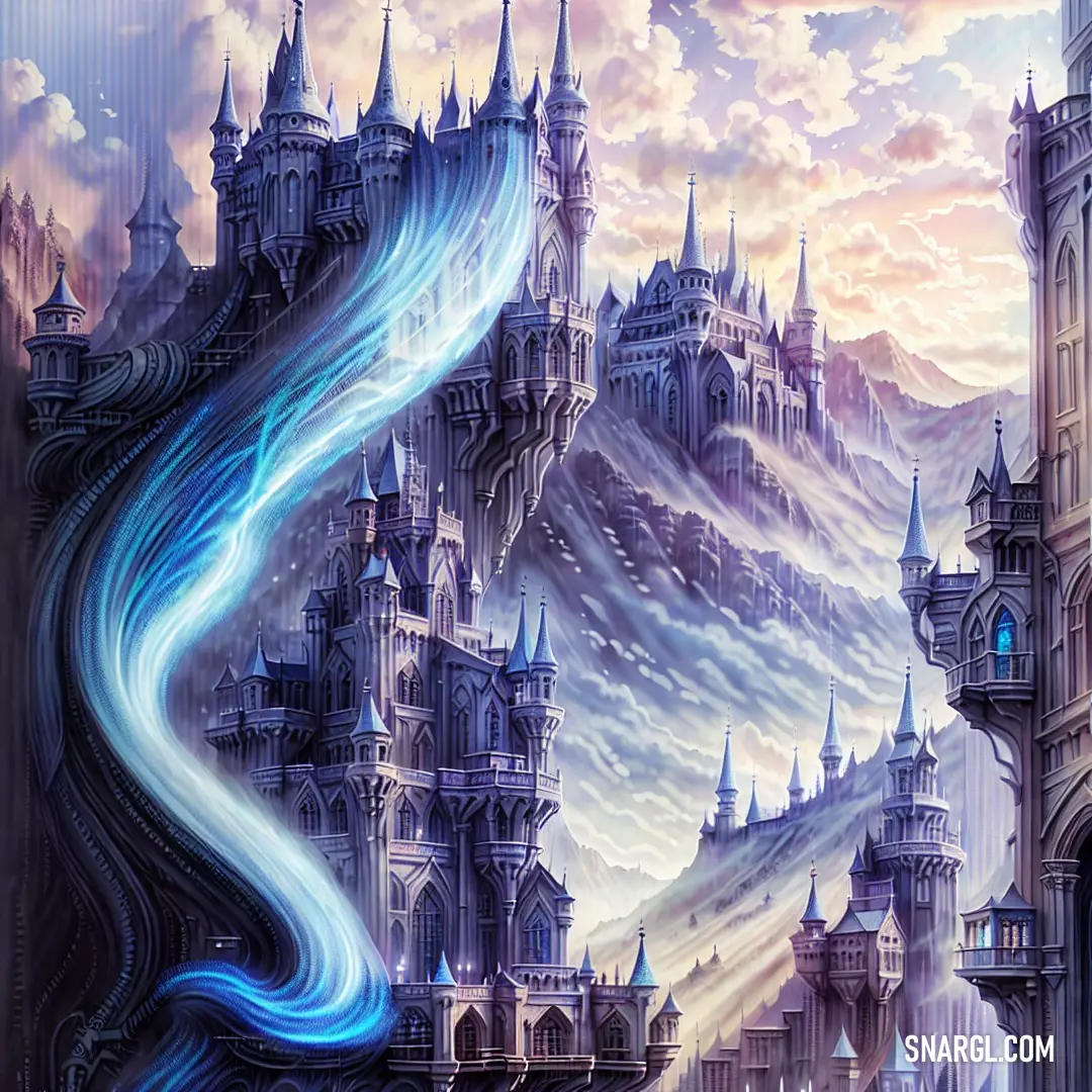 Painting of a castle with a blue stream of water coming out of it's center and a sky background