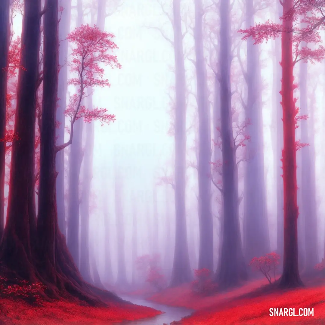 Painting of a forest with a stream in the middle of it and red trees in the background