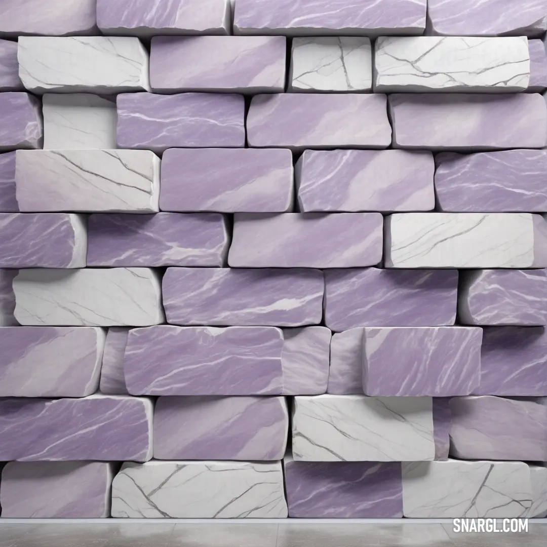 Purple and white wall with a bunch of blocks of marble on it's sides and a purple. Example of CMYK 18,28,0,15 color.