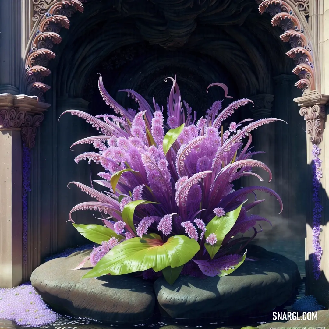 Purple flower on top of a rock next to a doorway with a stone arch in the background