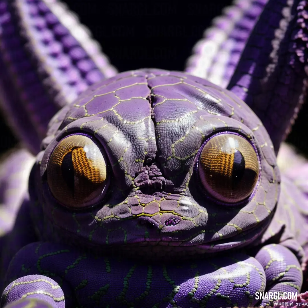 Purple toy with big eyes and a weird look on it's face and head