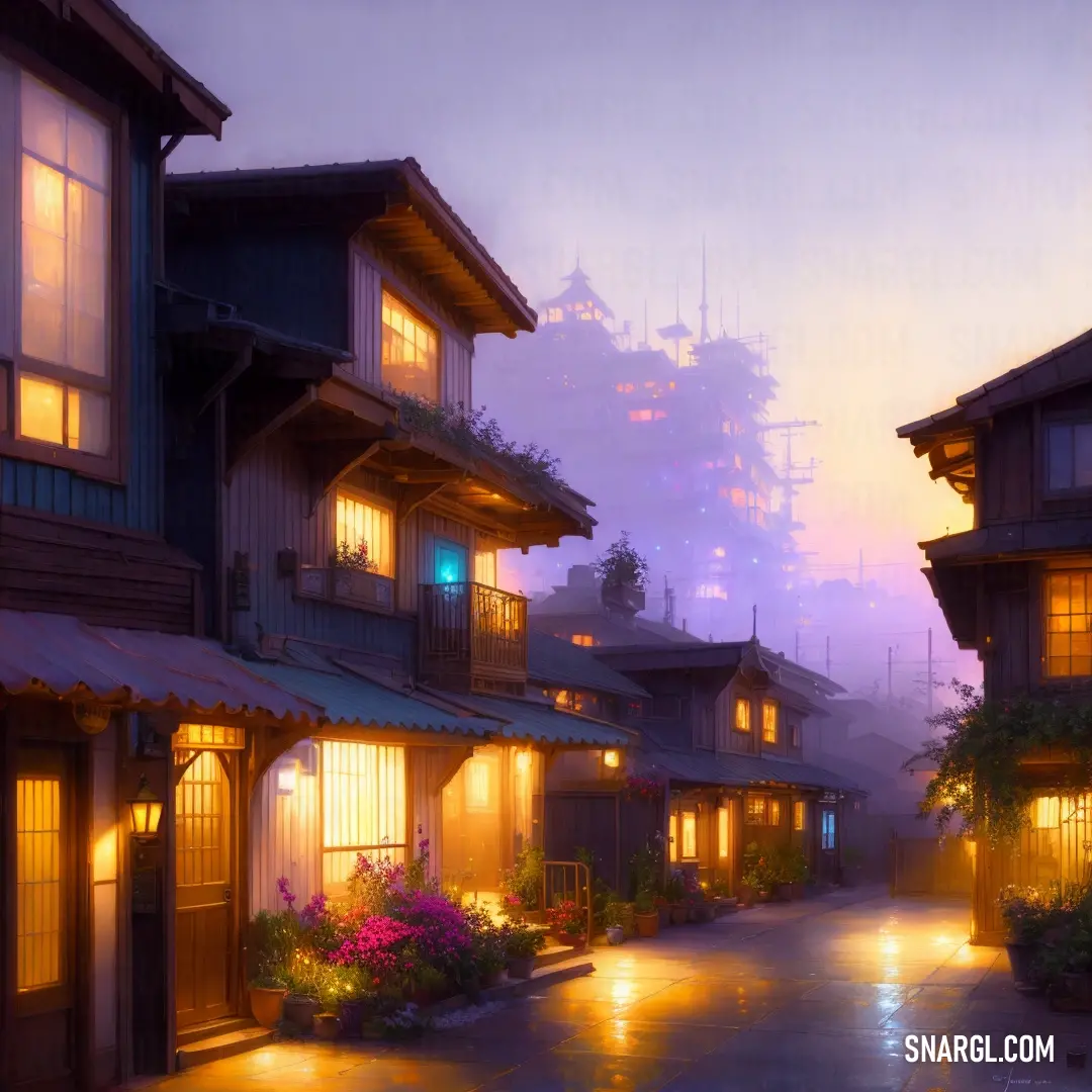 Street with a bunch of houses on it at night time with lights on and a foggy sky