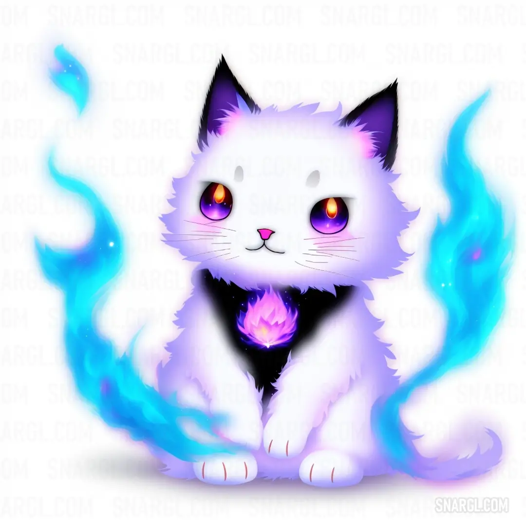 White cat with blue flames around its neck and eyes