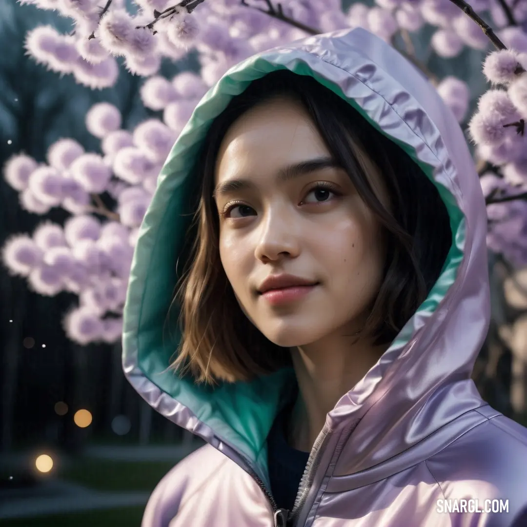 Woman in a pink jacket standing under a tree with pink flowers on it's branches and a green hoodie. Example of #B19CD9 color.