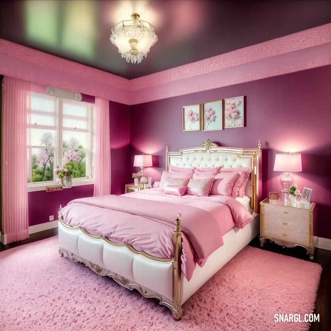 Bedroom with a pink carpet and a bed with a pink comforter and pillows and a chandelier