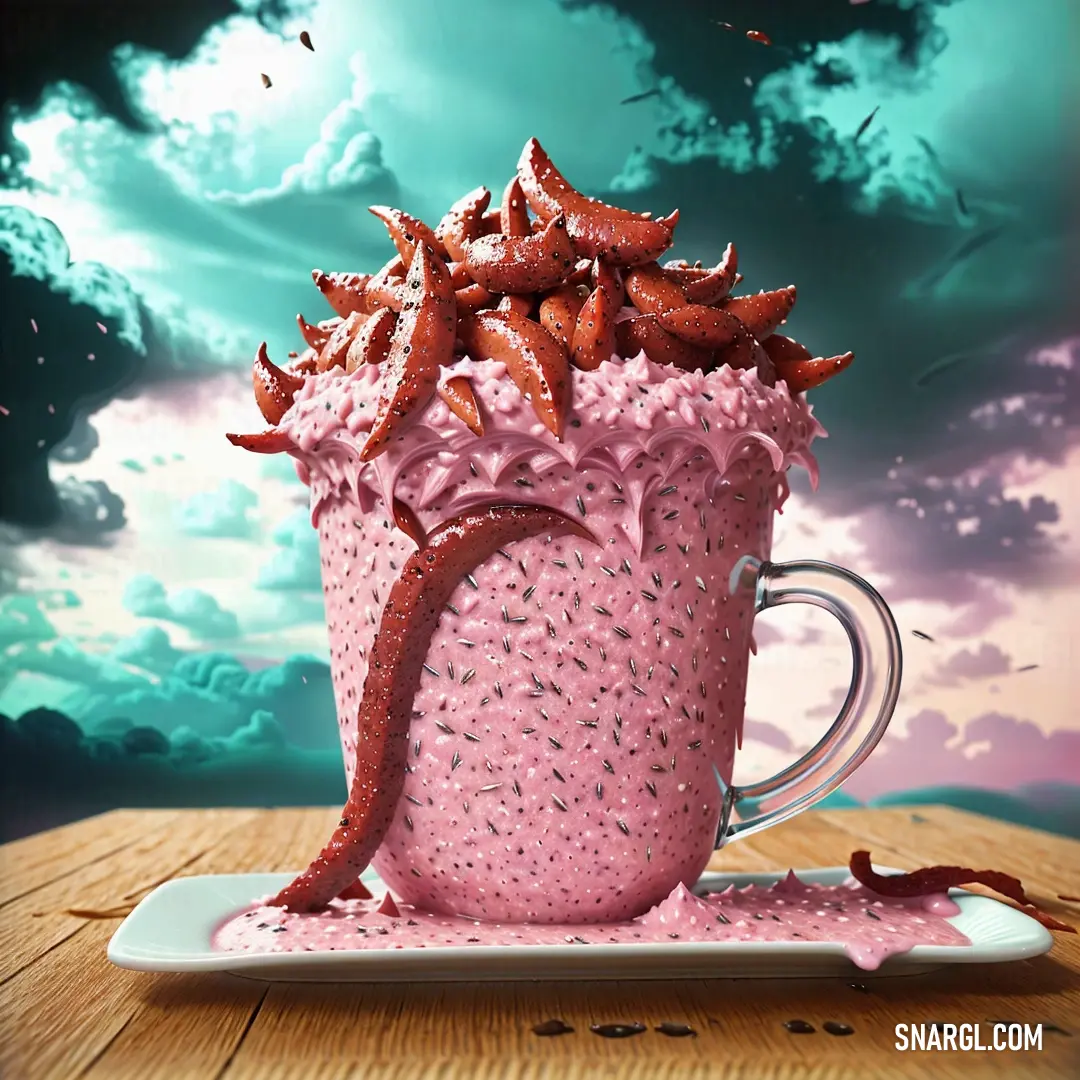 Cup of pink frosted food on a plate with a spoon in it and a sky background with clouds