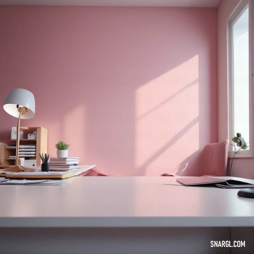 Desk with a lamp, books and a computer on it in a pink room with a window. Example of RGB 255,182,193 color.