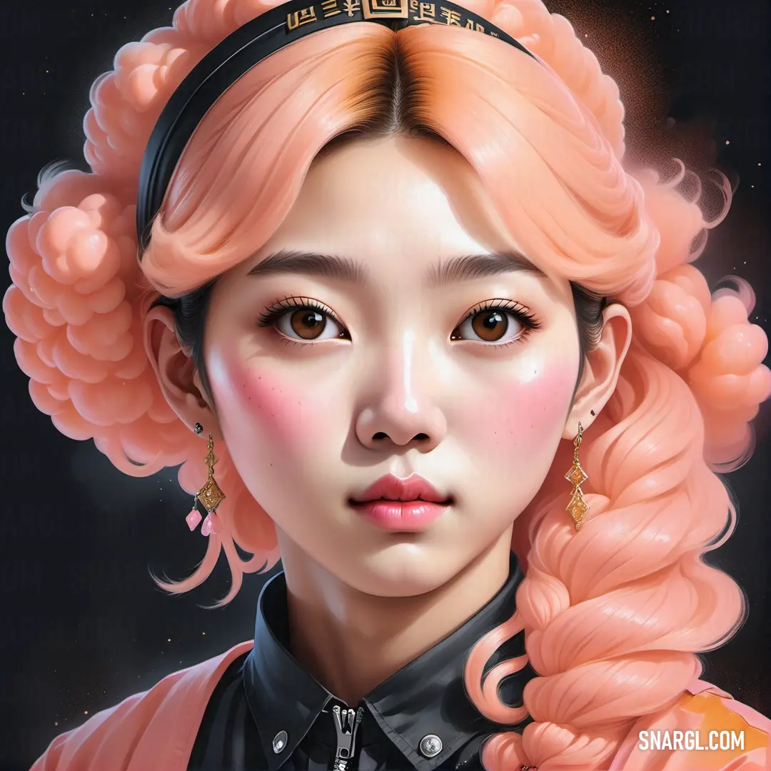 Digital painting of a woman with pink hair and a black shirt and a black headband with a gold star on it. Color RGB 255,182,193.