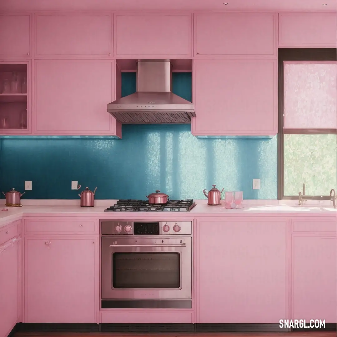 Kitchen with pink cabinets and a stove top oven and a window with a blue curtain
