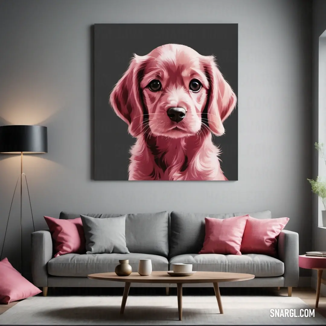 Living room with a couch and a painting of a dog on the wall above it's head. Example of RGB 255,182,193 color.