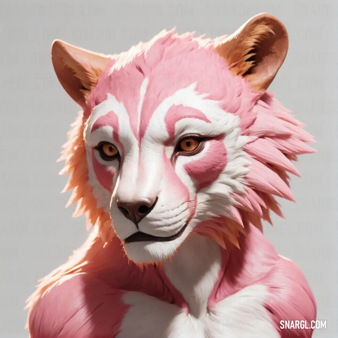 Pink and white animal with a white stripe on its face and chest,. Color Light pink.